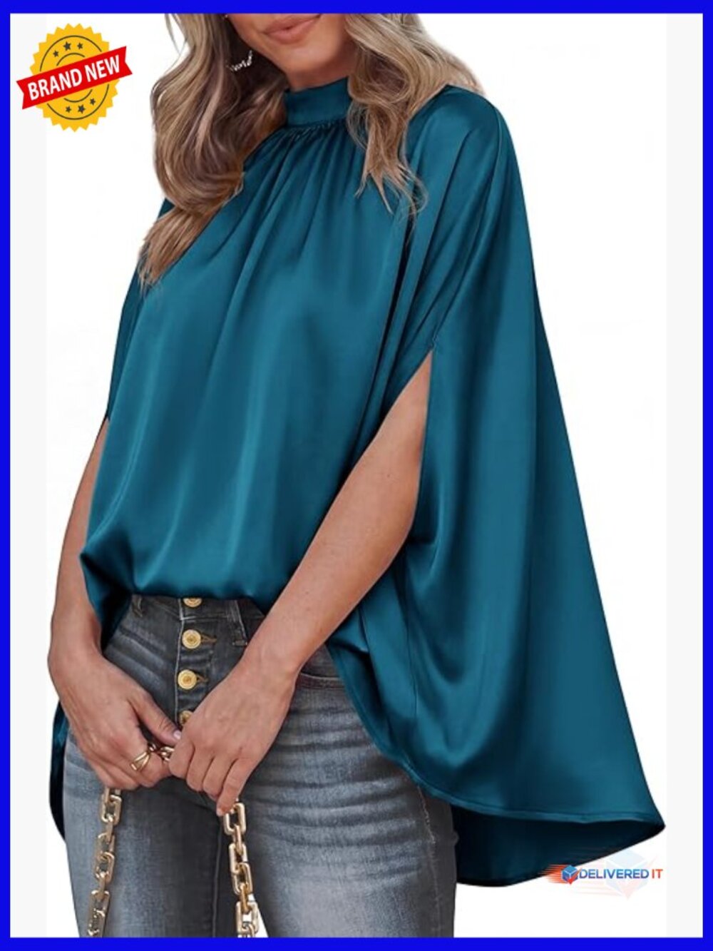 Mock Neck Batwing Sleeve Silk Satin Blouse Oversized Loose Fit Dressy Casual Top